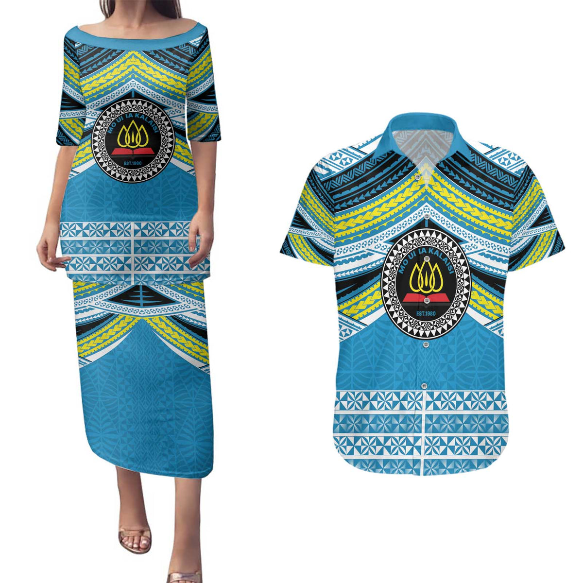 Personalised Tonga Lavengamalie College Couples Matching Puletasi and Hawaiian Shirt Polynesian Ngatu Tribal