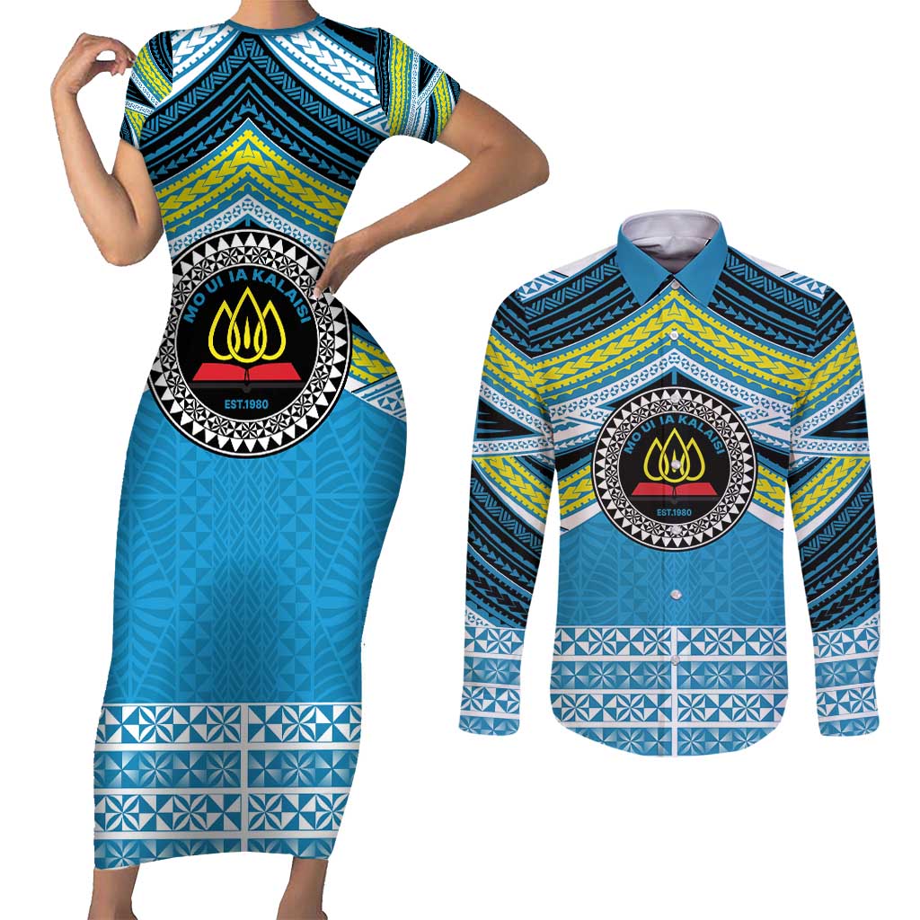 Personalised Tonga Lavengamalie College Couples Matching Short Sleeve Bodycon Dress and Long Sleeve Button Shirt Polynesian Ngatu Tribal LT9 Blue - Polynesian Pride