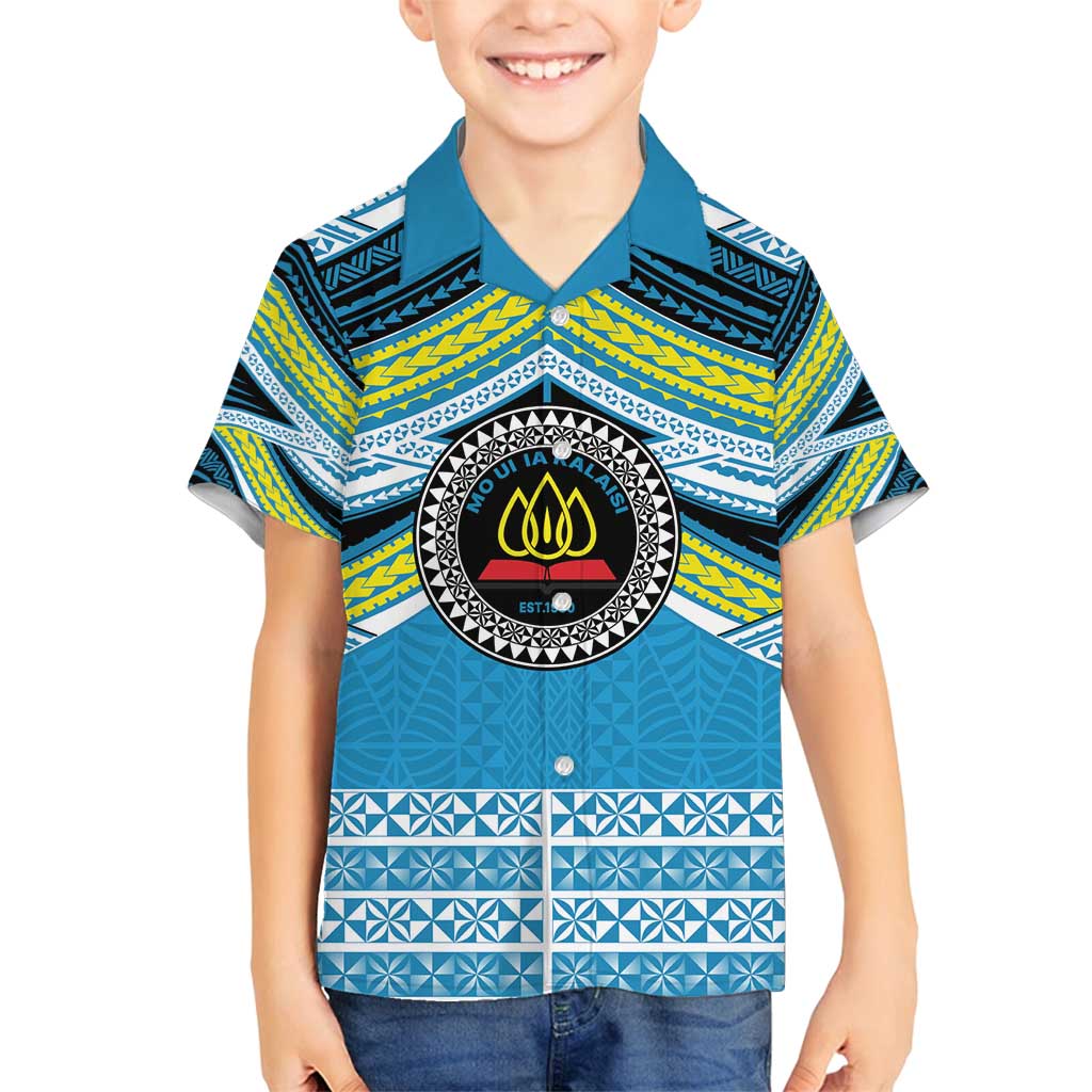 Personalised Tonga Lavengamalie College Family Matching Long Sleeve Bodycon Dress and Hawaiian Shirt Polynesian Ngatu Tribal LT9 Son's Shirt Blue - Polynesian Pride