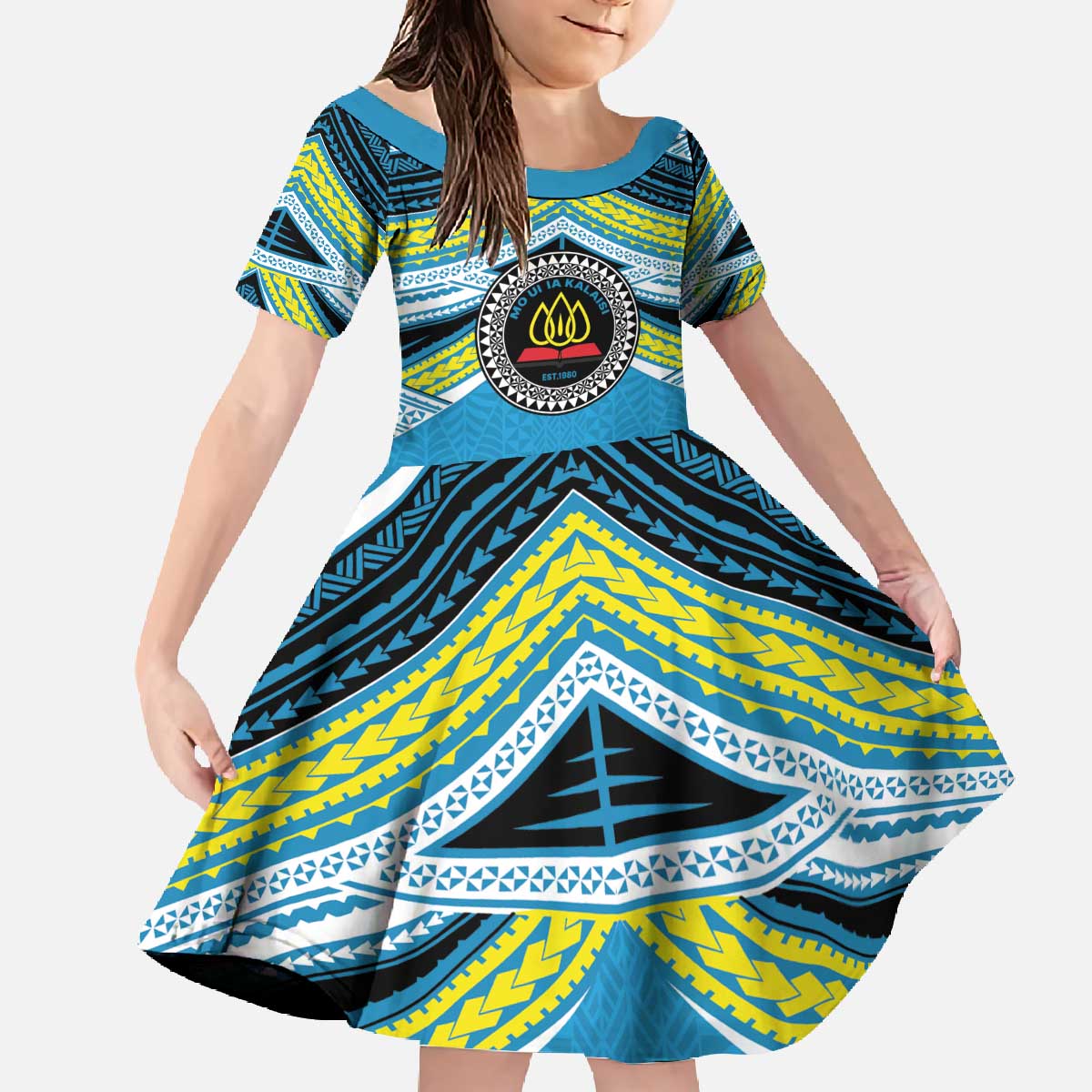 Personalised Tonga Lavengamalie College Family Matching Off The Shoulder Long Sleeve Dress and Hawaiian Shirt Polynesian Ngatu Tribal LT9 Daughter's Dress Blue - Polynesian Pride