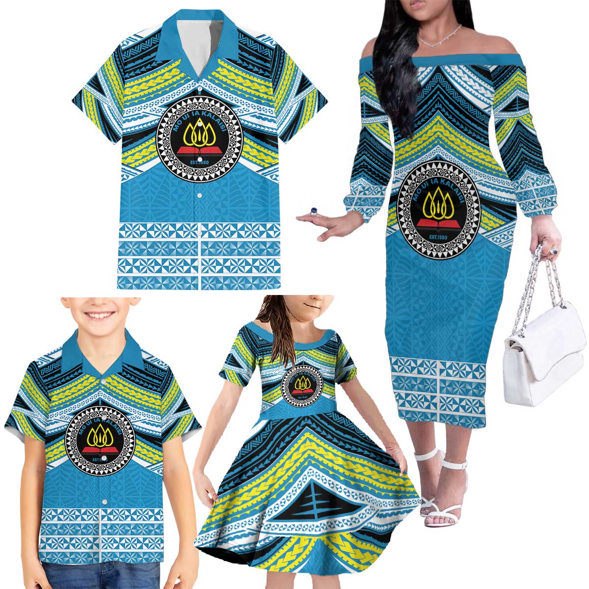 Personalised Tonga Lavengamalie College Family Matching Off The Shoulder Long Sleeve Dress and Hawaiian Shirt Polynesian Ngatu Tribal LT9 - Polynesian Pride