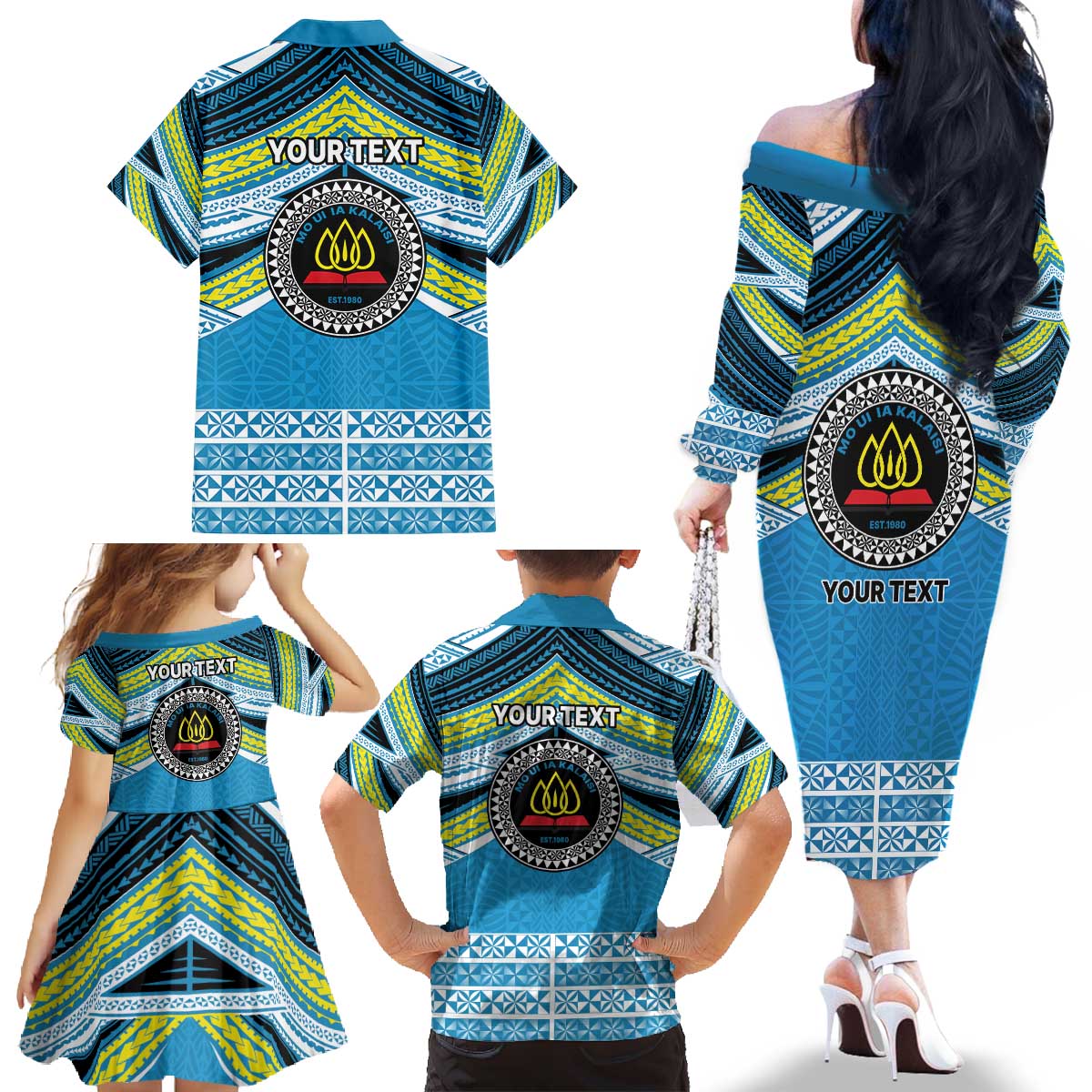 Personalised Tonga Lavengamalie College Family Matching Off The Shoulder Long Sleeve Dress and Hawaiian Shirt Polynesian Ngatu Tribal LT9 - Polynesian Pride