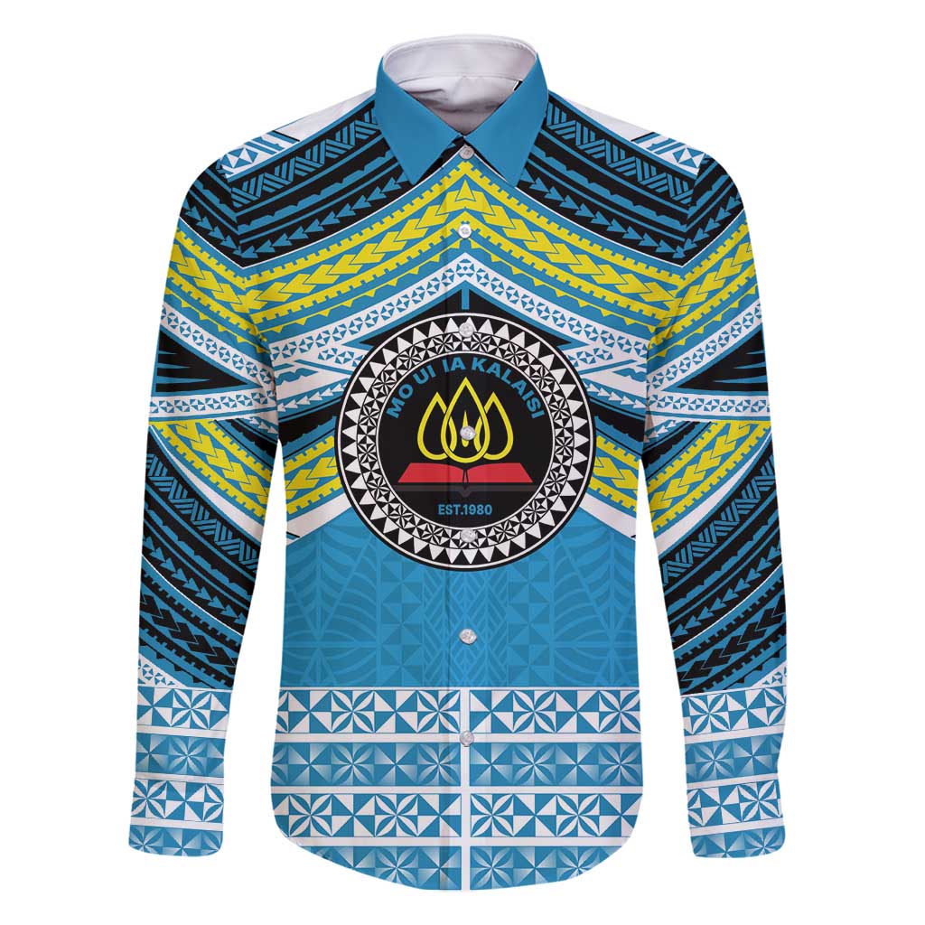 Personalised Tonga Lavengamalie College Family Matching Off Shoulder Maxi Dress and Hawaiian Shirt Polynesian Ngatu Tribal LT9 Dad's Shirt - Long Sleeve Blue - Polynesian Pride