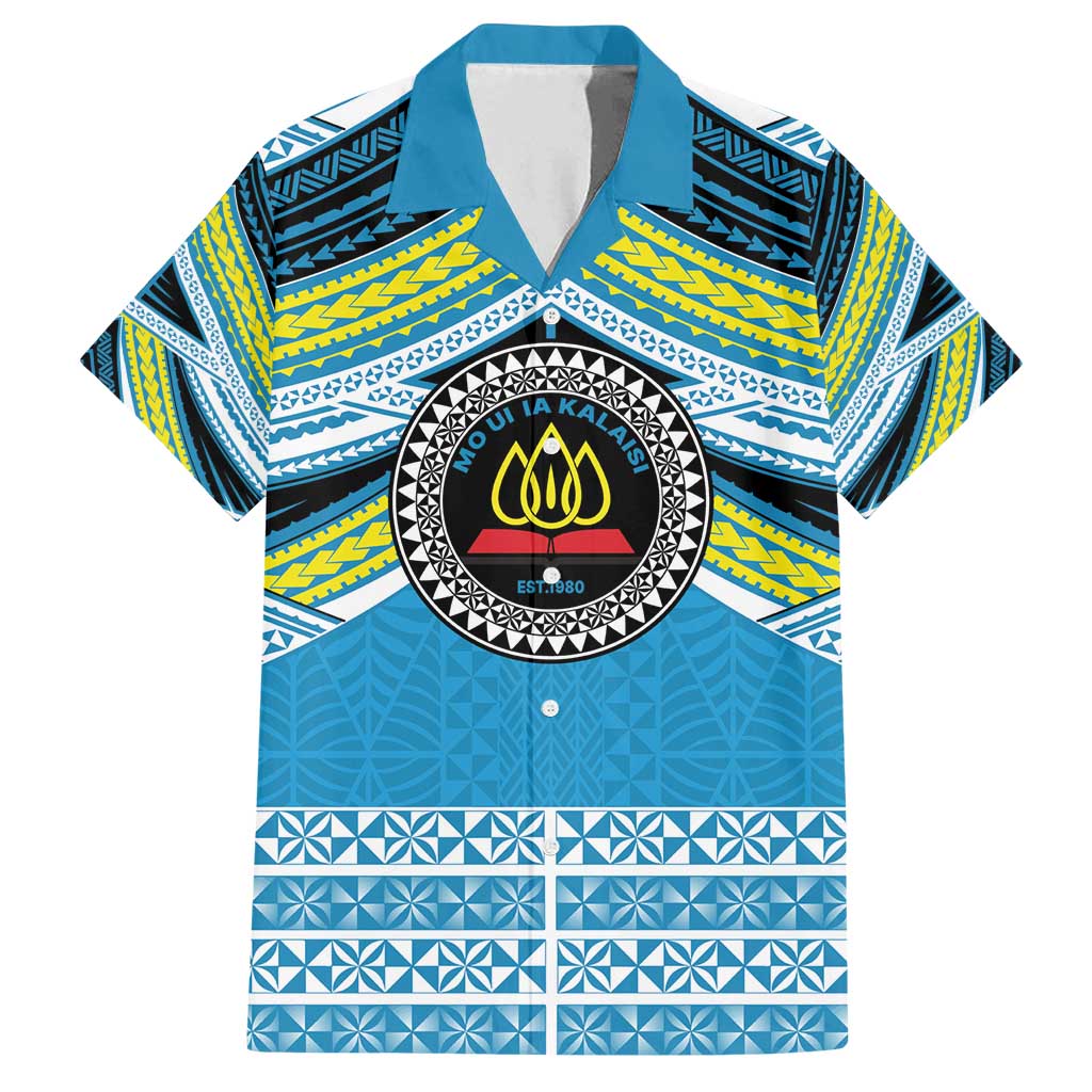 Personalised Tonga Lavengamalie College Family Matching Off Shoulder Short Dress and Hawaiian Shirt Polynesian Ngatu Tribal LT9 Dad's Shirt - Short Sleeve Blue - Polynesian Pride