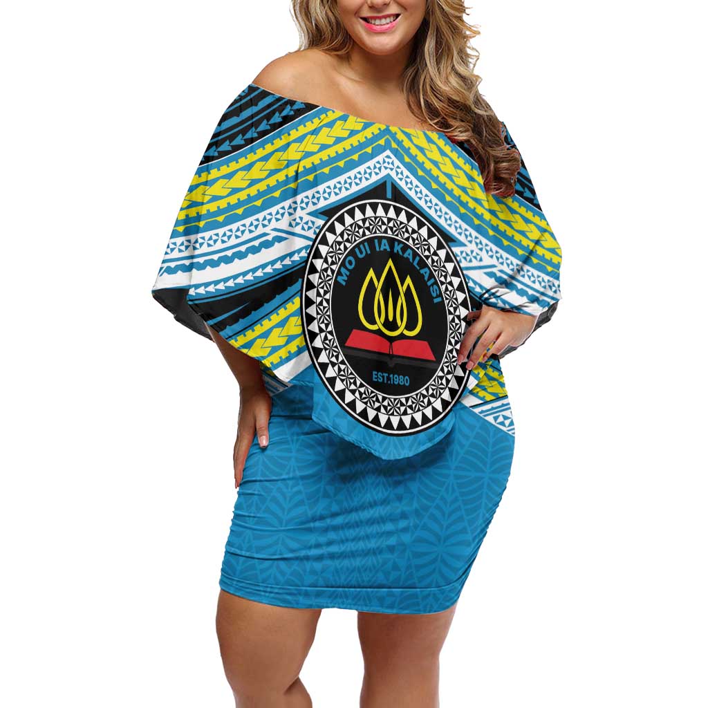 Personalised Tonga Lavengamalie College Family Matching Off Shoulder Short Dress and Hawaiian Shirt Polynesian Ngatu Tribal LT9 Mom's Dress Blue - Polynesian Pride