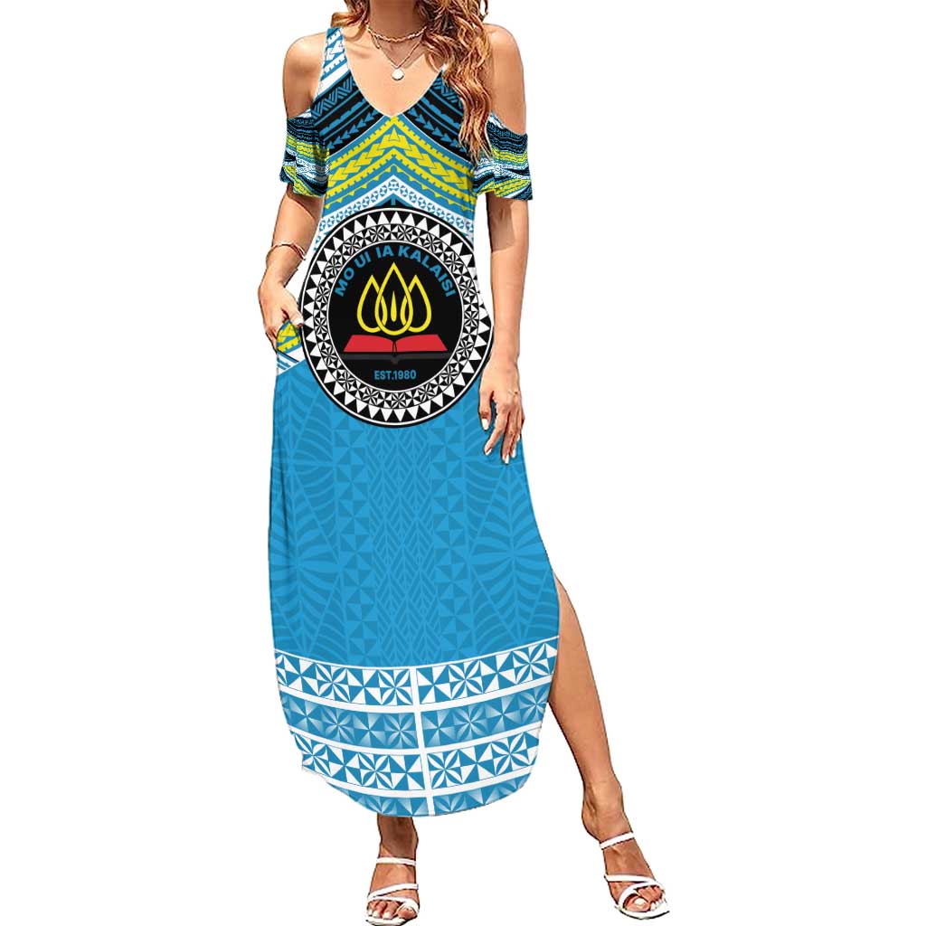 Personalised Tonga Lavengamalie College Family Matching Summer Maxi Dress and Hawaiian Shirt Polynesian Ngatu Tribal LT9 Mom's Dress Blue - Polynesian Pride