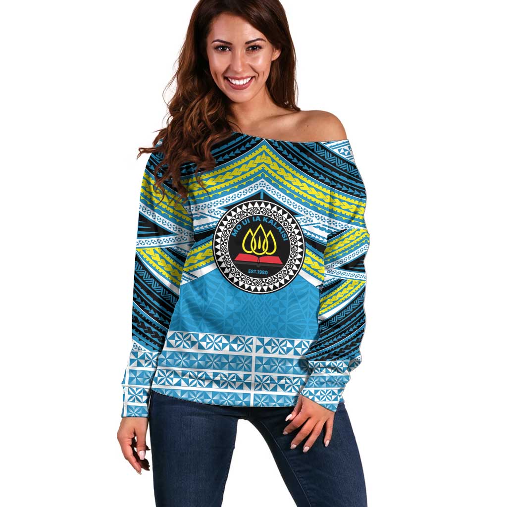 Personalised Tonga Lavengamalie College Off Shoulder Sweater Polynesian Ngatu Tribal