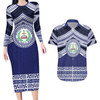 Personalised Tonga Sia'atoutai Theological College Couples Matching Long Sleeve Bodycon Dress and Hawaiian Shirt Polynesian Ngatu Tribal LT9 Blue - Polynesian Pride