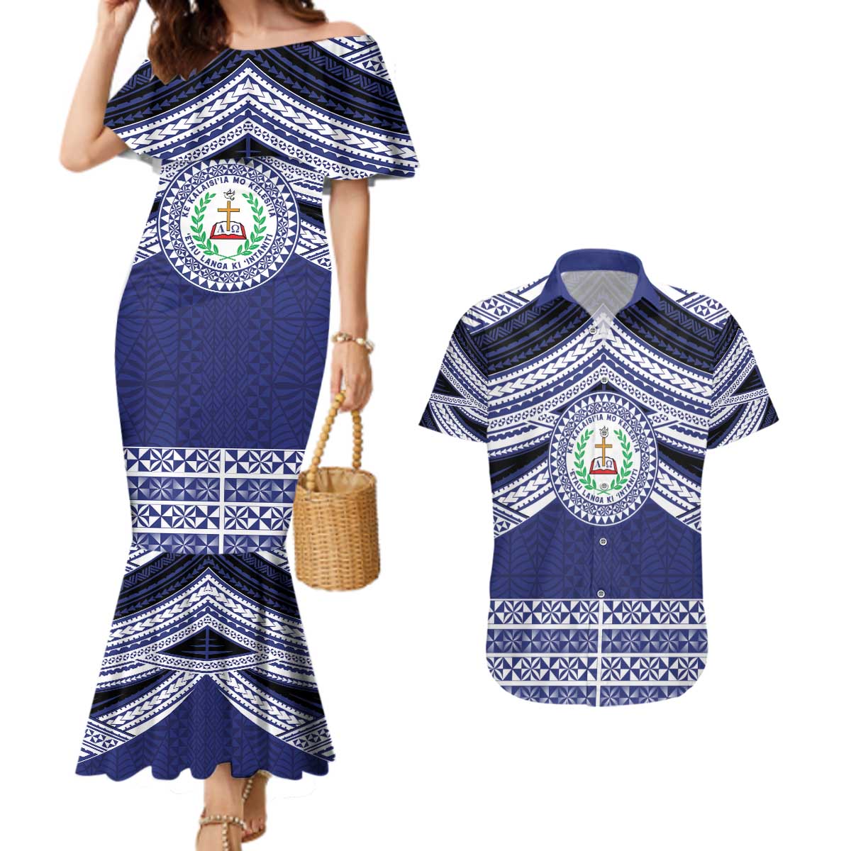 Personalised Tonga Sia'atoutai Theological College Couples Matching Mermaid Dress and Hawaiian Shirt Polynesian Ngatu Tribal LT9 Blue - Polynesian Pride