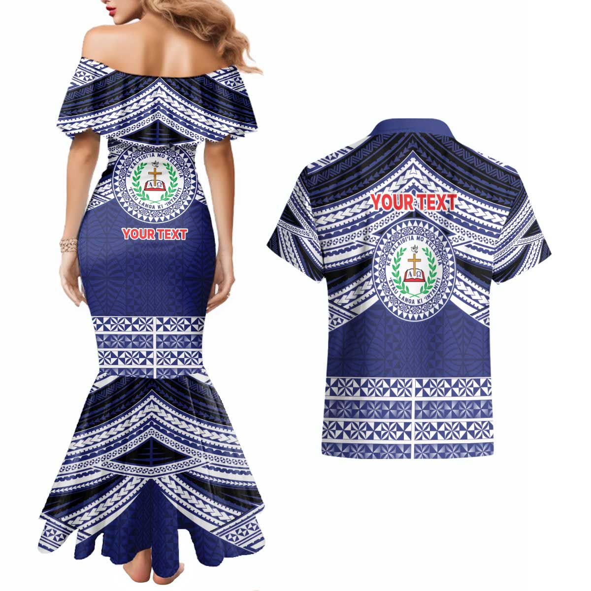 Personalised Tonga Sia'atoutai Theological College Couples Matching Mermaid Dress and Hawaiian Shirt Polynesian Ngatu Tribal LT9 - Polynesian Pride
