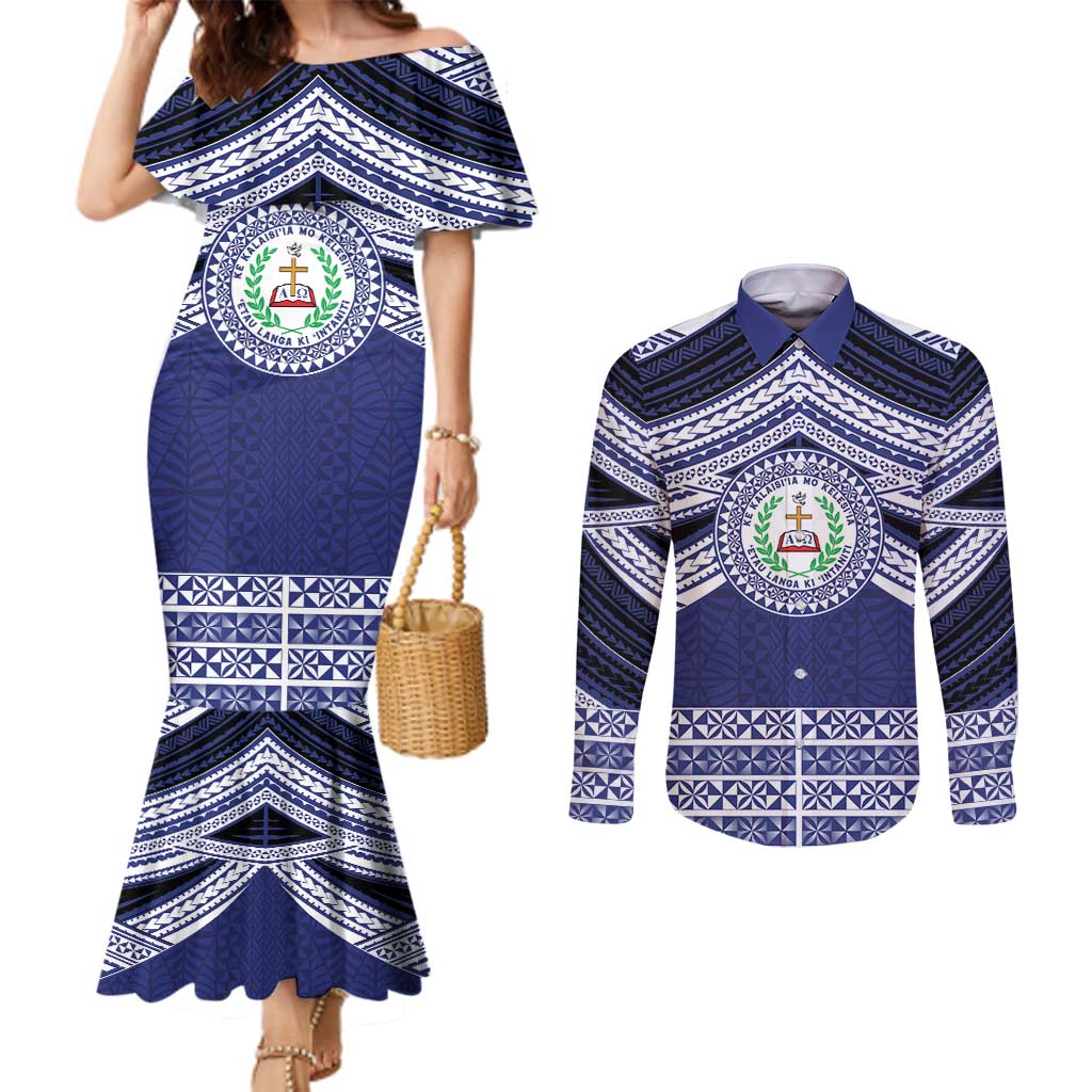 Personalised Tonga Sia'atoutai Theological College Couples Matching Mermaid Dress and Long Sleeve Button Shirt Polynesian Ngatu Tribal LT9 Blue - Polynesian Pride