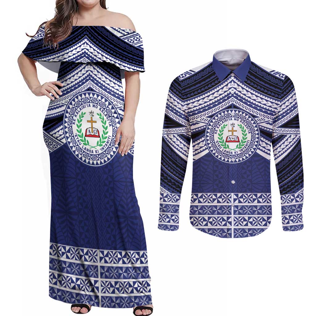 Personalised Tonga Sia'atoutai Theological College Couples Matching Off Shoulder Maxi Dress and Long Sleeve Button Shirt Polynesian Ngatu Tribal LT9 Blue - Polynesian Pride