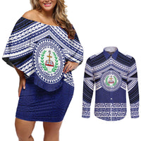 Personalised Tonga Sia'atoutai Theological College Couples Matching Off Shoulder Short Dress and Long Sleeve Button Shirt Polynesian Ngatu Tribal LT9 Blue - Polynesian Pride