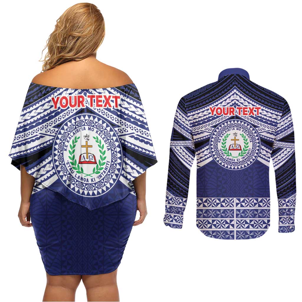 Personalised Tonga Sia'atoutai Theological College Couples Matching Off Shoulder Short Dress and Long Sleeve Button Shirt Polynesian Ngatu Tribal LT9 - Polynesian Pride