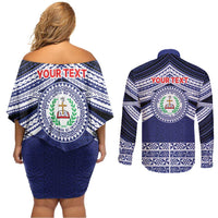 Personalised Tonga Sia'atoutai Theological College Couples Matching Off Shoulder Short Dress and Long Sleeve Button Shirt Polynesian Ngatu Tribal LT9 - Polynesian Pride