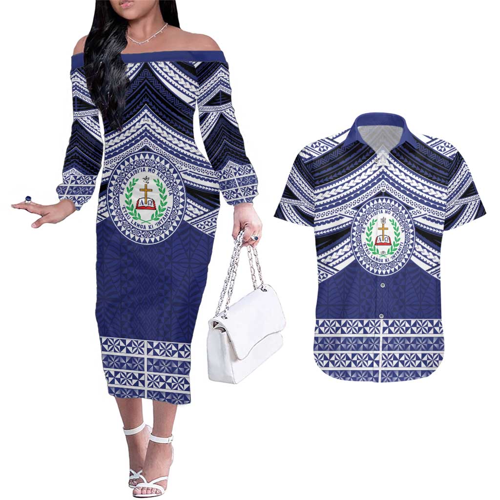 Personalised Tonga Sia'atoutai Theological College Couples Matching Off The Shoulder Long Sleeve Dress and Hawaiian Shirt Polynesian Ngatu Tribal LT9 Blue - Polynesian Pride