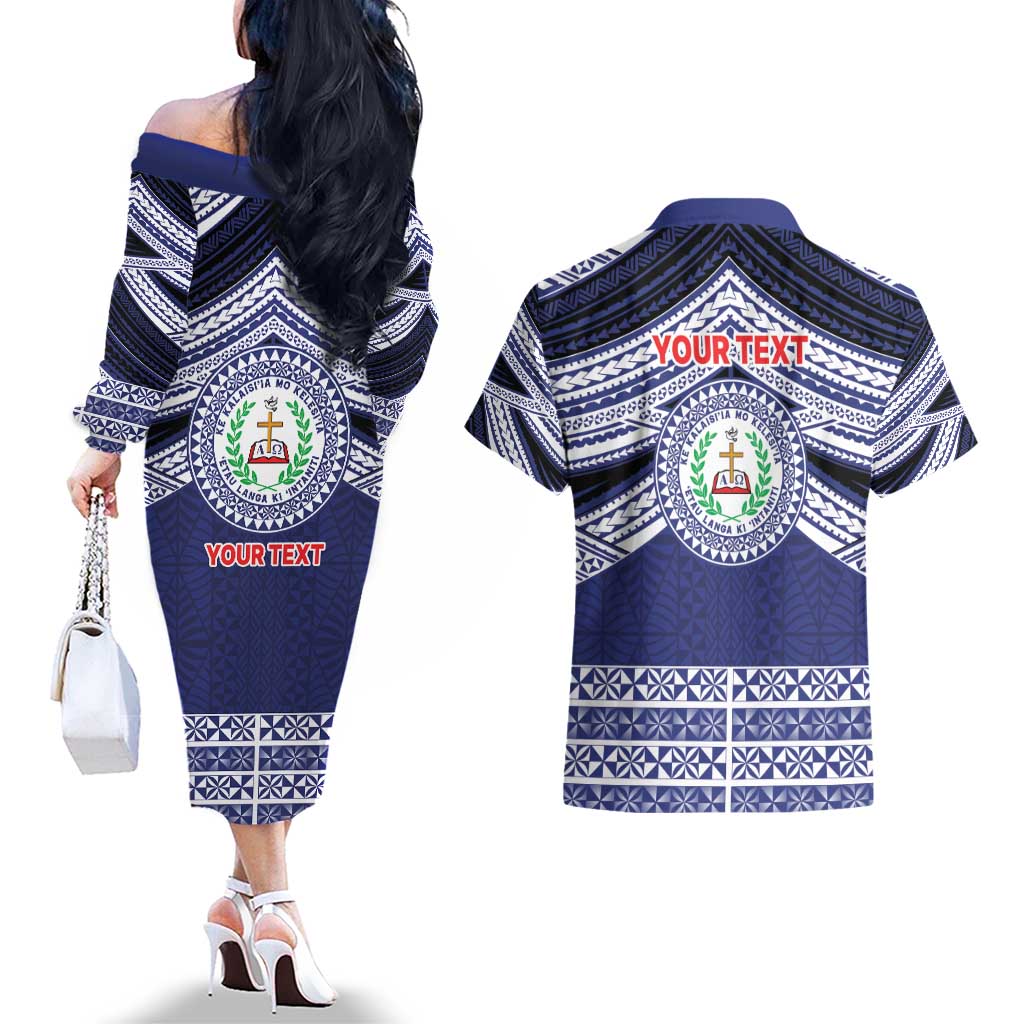 Personalised Tonga Sia'atoutai Theological College Couples Matching Off The Shoulder Long Sleeve Dress and Hawaiian Shirt Polynesian Ngatu Tribal LT9 - Polynesian Pride