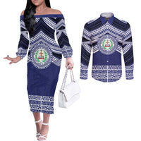 Personalised Tonga Sia'atoutai Theological College Couples Matching Off The Shoulder Long Sleeve Dress and Long Sleeve Button Shirt Polynesian Ngatu Tribal LT9 Blue - Polynesian Pride