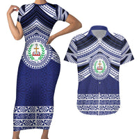 Personalised Tonga Sia'atoutai Theological College Couples Matching Short Sleeve Bodycon Dress and Hawaiian Shirt Polynesian Ngatu Tribal LT9 Blue - Polynesian Pride