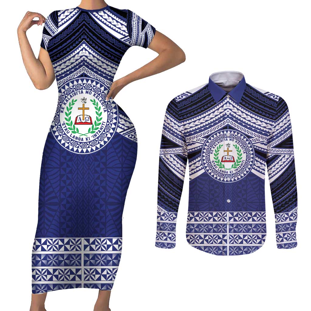 Personalised Tonga Sia'atoutai Theological College Couples Matching Short Sleeve Bodycon Dress and Long Sleeve Button Shirt Polynesian Ngatu Tribal LT9 Blue - Polynesian Pride