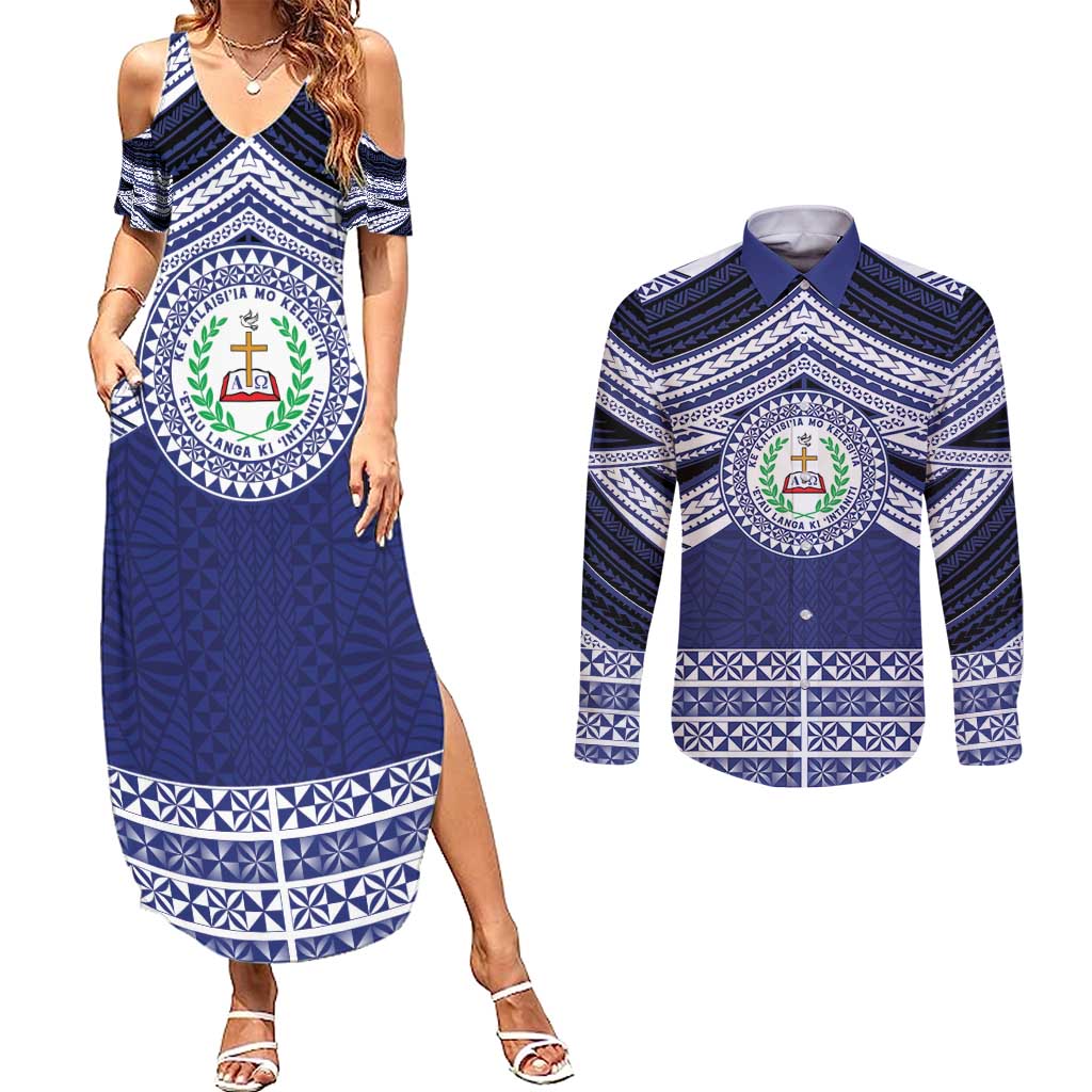 Personalised Tonga Sia'atoutai Theological College Couples Matching Summer Maxi Dress and Long Sleeve Button Shirt Polynesian Ngatu Tribal LT9 Blue - Polynesian Pride