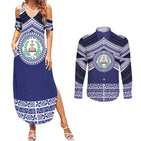 Personalised Tonga Sia'atoutai Theological College Couples Matching Summer Maxi Dress and Long Sleeve Button Shirt Polynesian Ngatu Tribal LT9 Blue - Polynesian Pride