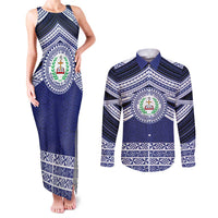 Personalised Tonga Sia'atoutai Theological College Couples Matching Tank Maxi Dress and Long Sleeve Button Shirt Polynesian Ngatu Tribal LT9 Blue - Polynesian Pride
