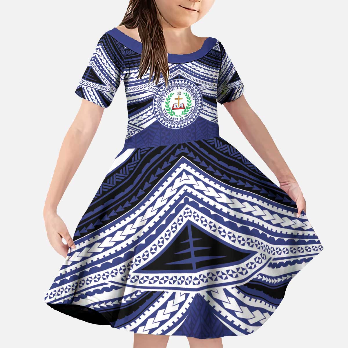 Personalised Tonga Sia'atoutai Theological College Family Matching Off The Shoulder Long Sleeve Dress and Hawaiian Shirt Polynesian Ngatu Tribal LT9 Daughter's Dress Blue - Polynesian Pride