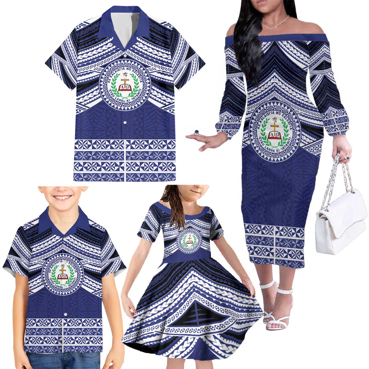 Personalised Tonga Sia'atoutai Theological College Family Matching Off The Shoulder Long Sleeve Dress and Hawaiian Shirt Polynesian Ngatu Tribal LT9 - Polynesian Pride