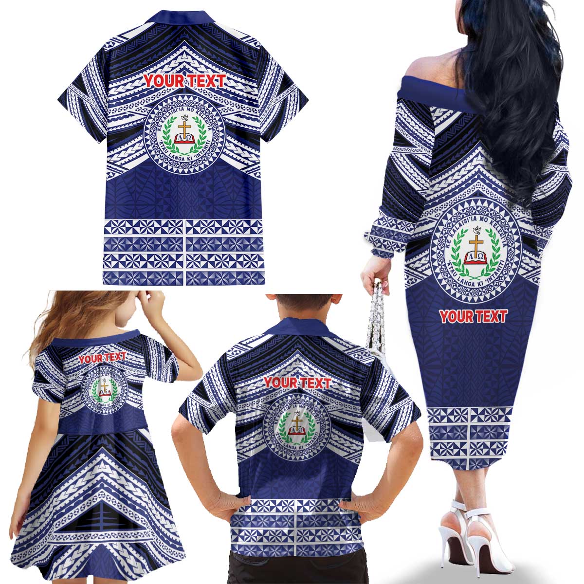 Personalised Tonga Sia'atoutai Theological College Family Matching Off The Shoulder Long Sleeve Dress and Hawaiian Shirt Polynesian Ngatu Tribal LT9 - Polynesian Pride