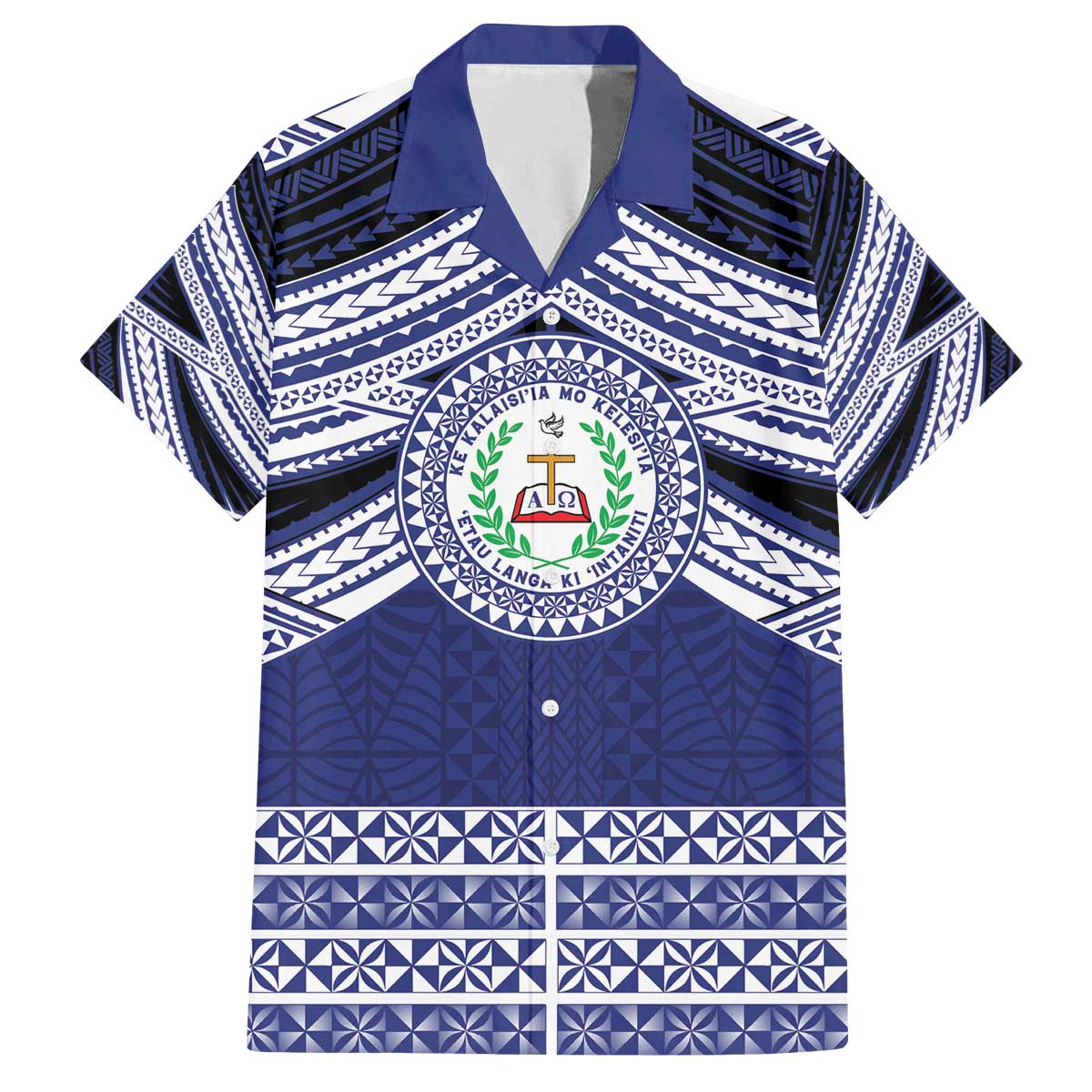 Personalised Tonga Sia'atoutai Theological College Family Matching Off The Shoulder Long Sleeve Dress and Hawaiian Shirt Polynesian Ngatu Tribal LT9 Dad's Shirt - Short Sleeve Blue - Polynesian Pride
