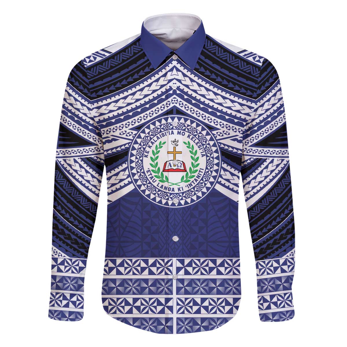 Personalised Tonga Sia'atoutai Theological College Family Matching Off The Shoulder Long Sleeve Dress and Hawaiian Shirt Polynesian Ngatu Tribal LT9 Dad's Shirt - Long Sleeve Blue - Polynesian Pride