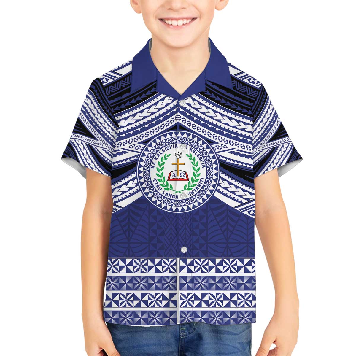 Personalised Tonga Sia'atoutai Theological College Family Matching Off The Shoulder Long Sleeve Dress and Hawaiian Shirt Polynesian Ngatu Tribal LT9 Son's Shirt Blue - Polynesian Pride