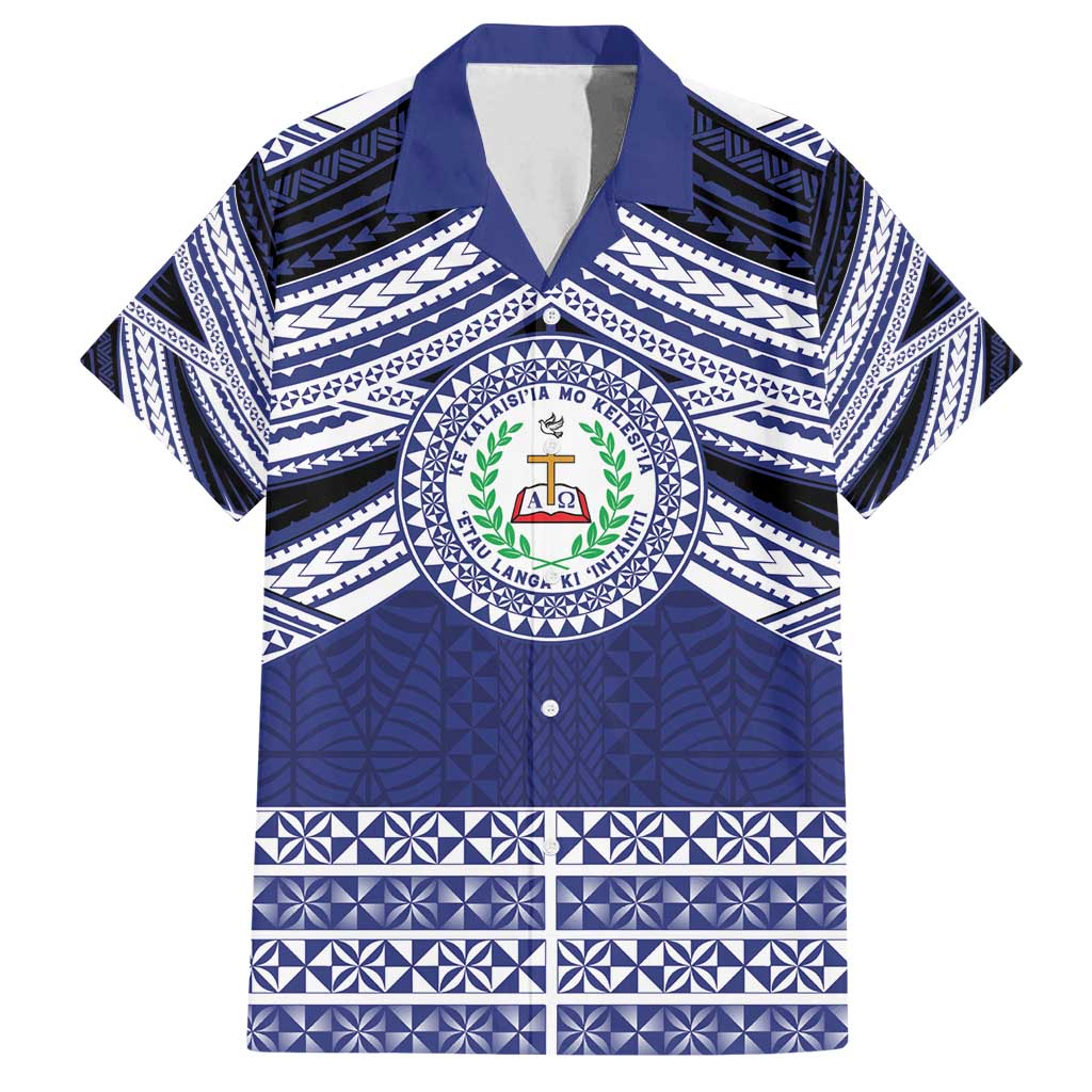Personalised Tonga Sia'atoutai Theological College Family Matching Off Shoulder Maxi Dress and Hawaiian Shirt Polynesian Ngatu Tribal LT9 Dad's Shirt - Short Sleeve Blue - Polynesian Pride
