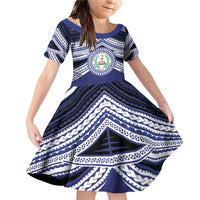 Personalised Tonga Sia'atoutai Theological College Family Matching Off Shoulder Short Dress and Hawaiian Shirt Polynesian Ngatu Tribal LT9 Daughter's Dress Blue - Polynesian Pride