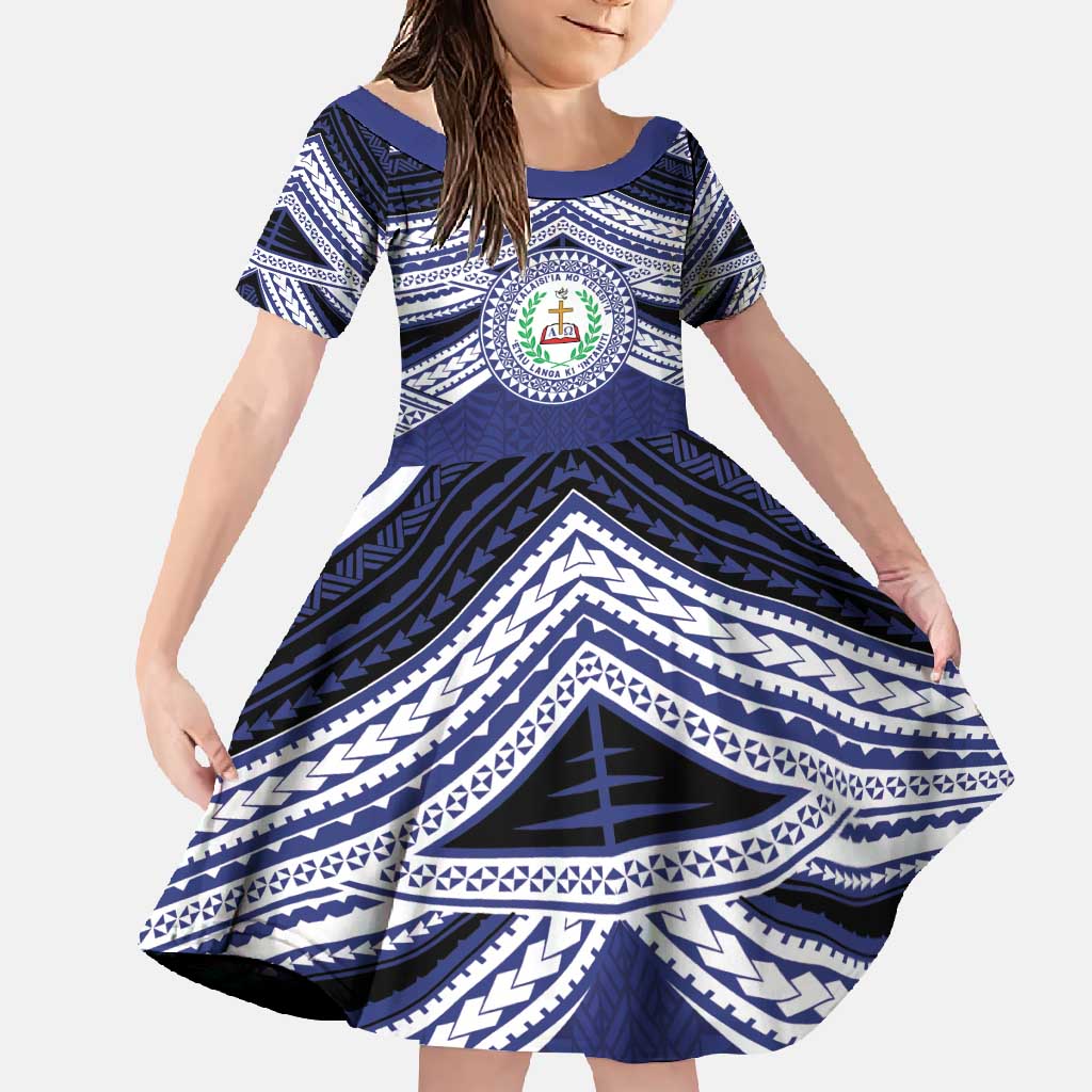 Personalised Tonga Sia'atoutai Theological College Family Matching Short Sleeve Bodycon Dress and Hawaiian Shirt Polynesian Ngatu Tribal LT9 Daughter's Dress Blue - Polynesian Pride