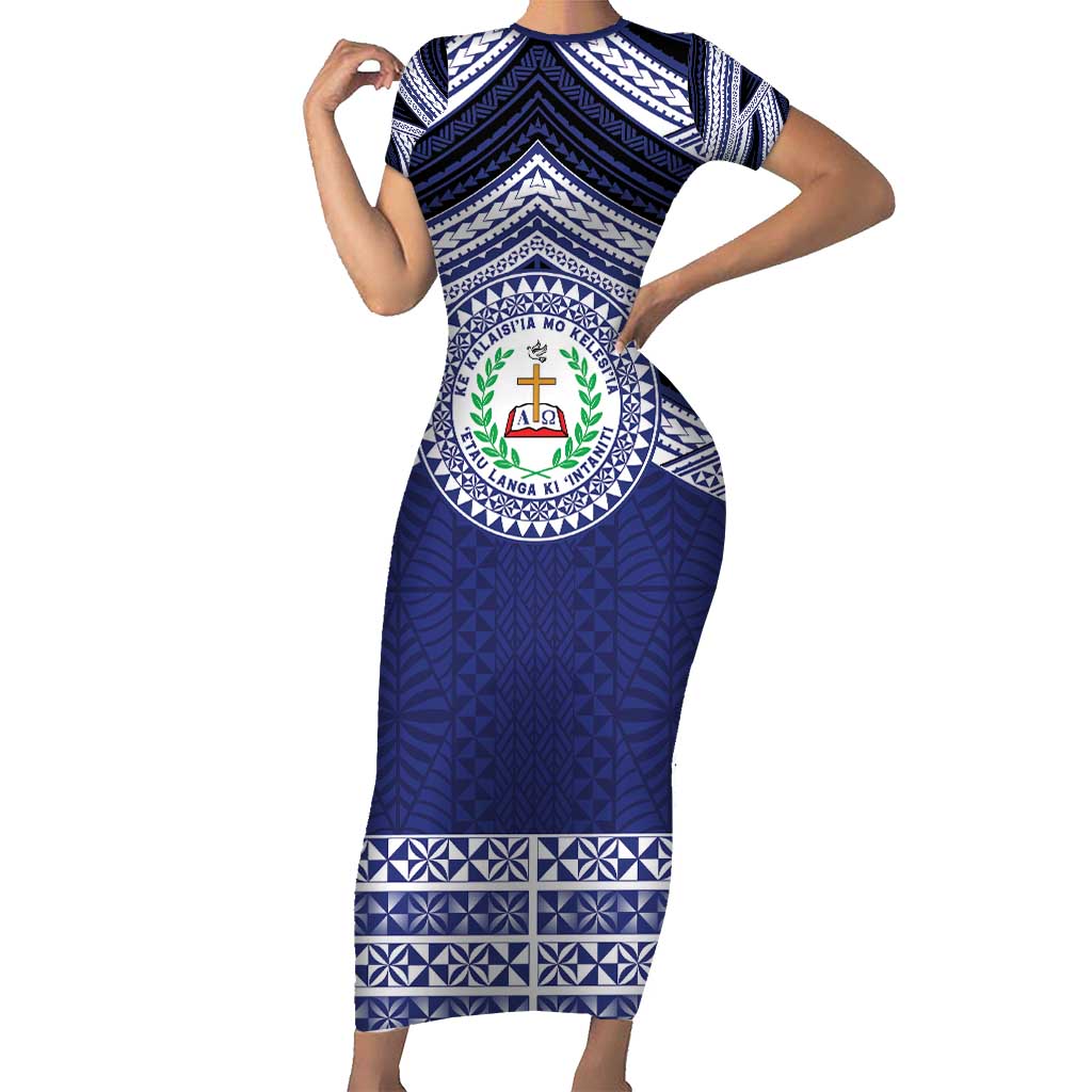 Personalised Tonga Sia'atoutai Theological College Family Matching Short Sleeve Bodycon Dress and Hawaiian Shirt Polynesian Ngatu Tribal LT9 Mom's Dress Blue - Polynesian Pride
