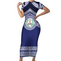Personalised Tonga Sia'atoutai Theological College Family Matching Short Sleeve Bodycon Dress and Hawaiian Shirt Polynesian Ngatu Tribal LT9 Mom's Dress Blue - Polynesian Pride