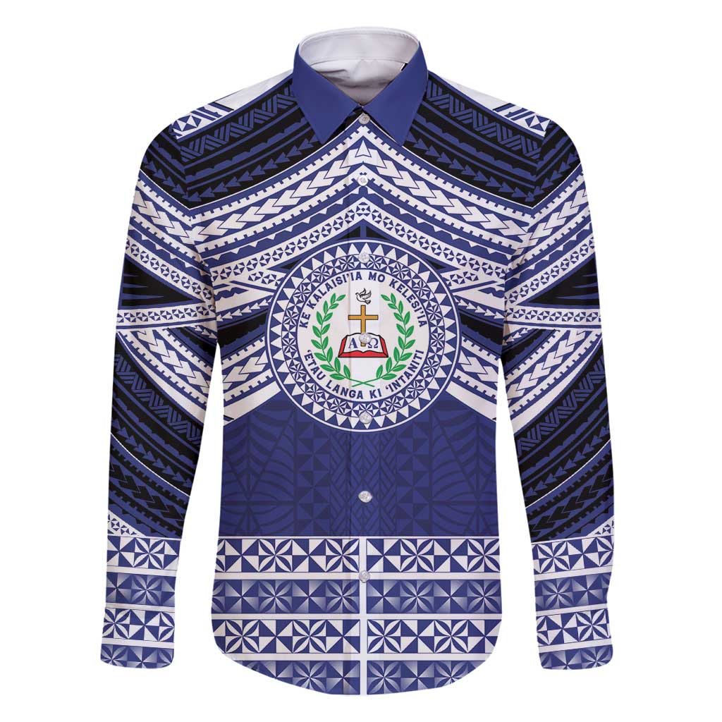 Personalised Tonga Sia'atoutai Theological College Family Matching Summer Maxi Dress and Hawaiian Shirt Polynesian Ngatu Tribal LT9 Dad's Shirt - Long Sleeve Blue - Polynesian Pride