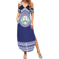 Personalised Tonga Sia'atoutai Theological College Family Matching Summer Maxi Dress and Hawaiian Shirt Polynesian Ngatu Tribal LT9 Mom's Dress Blue - Polynesian Pride
