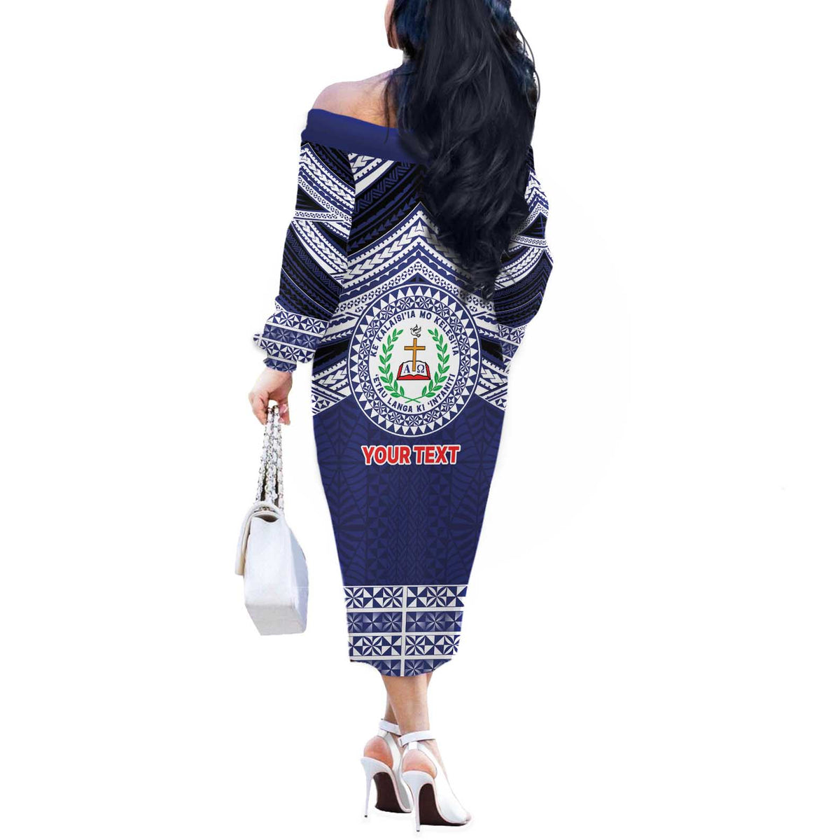 Personalised Tonga Sia'atoutai Theological College Off The Shoulder Long Sleeve Dress Polynesian Ngatu Tribal