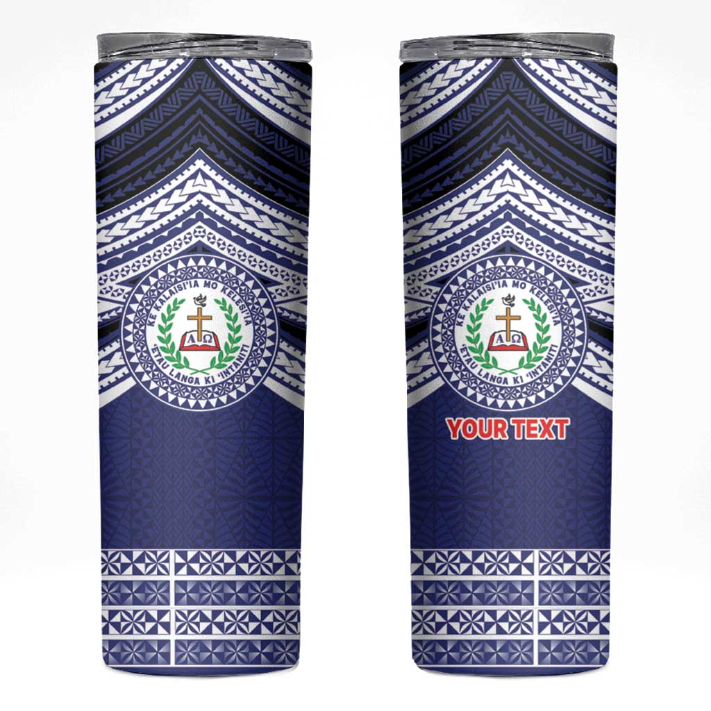 Personalised Tonga Sia'atoutai Theological College Skinny Tumbler Polynesian Ngatu Tribal LT9 Blue - Polynesian Pride