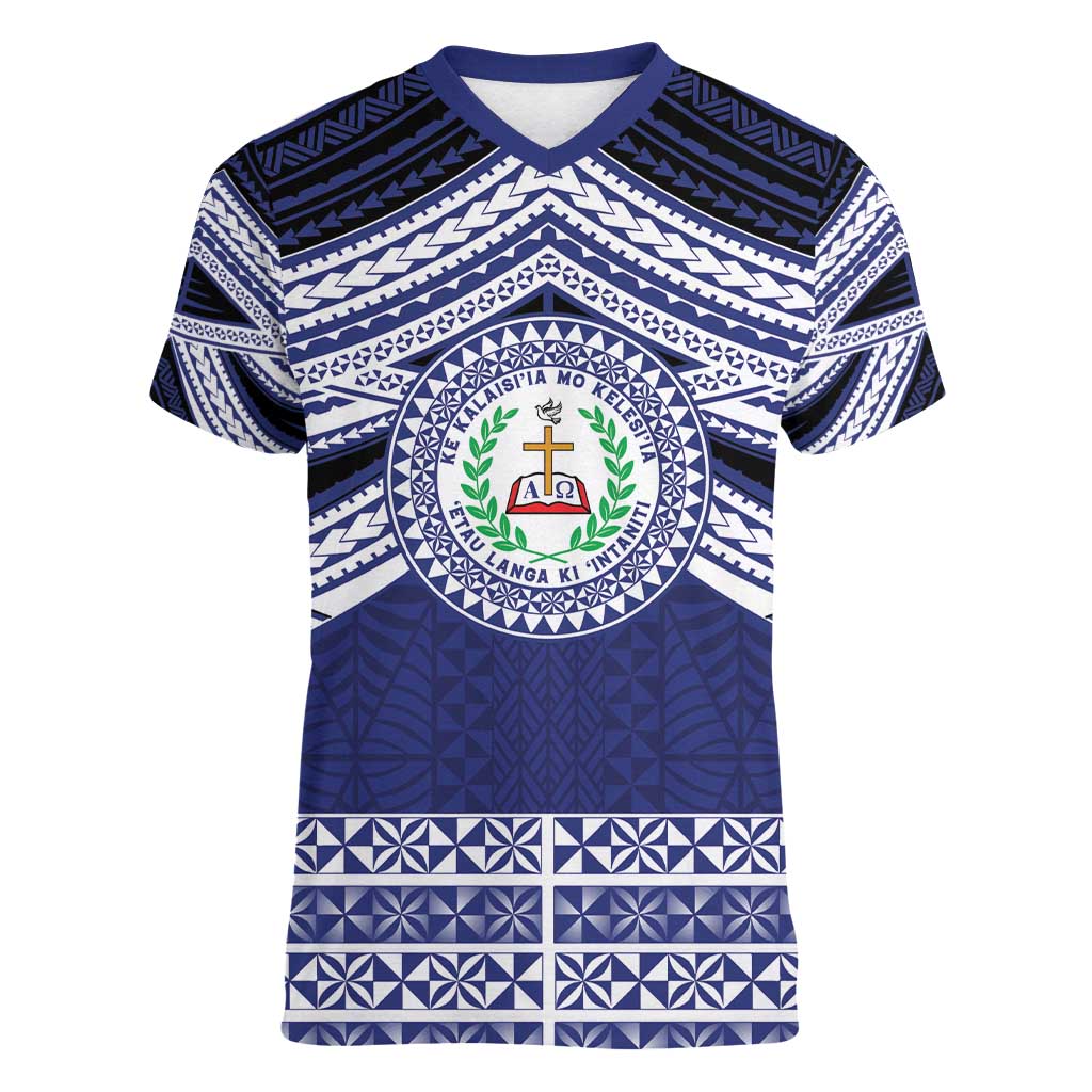 Personalised Tonga Sia'atoutai Theological College Women V-Neck T-Shirt Polynesian Ngatu Tribal