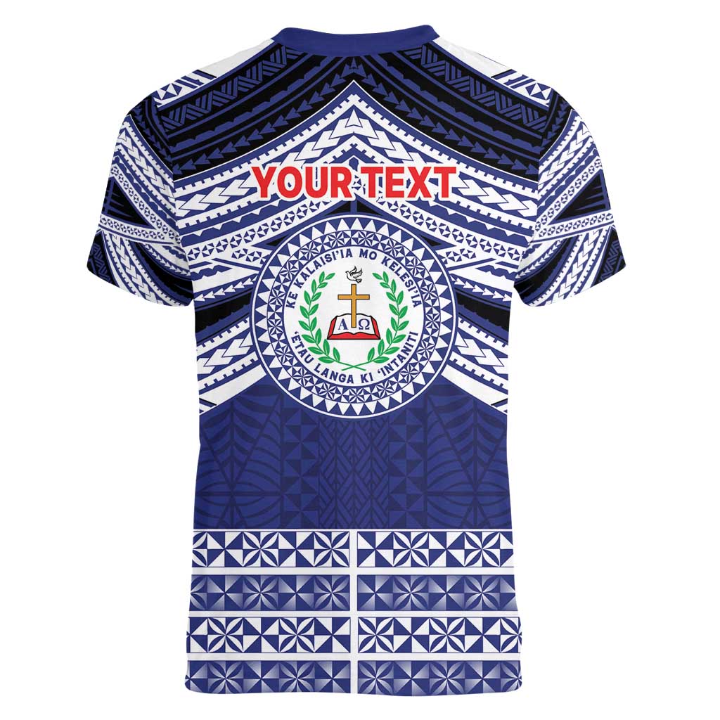 Personalised Tonga Sia'atoutai Theological College Women V-Neck T-Shirt Polynesian Ngatu Tribal