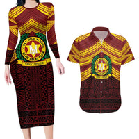 Personalised Tonga Vava'u High School Couples Matching Long Sleeve Bodycon Dress and Hawaiian Shirt Polynesian Ngatu Tribal LT9 Red - Polynesian Pride
