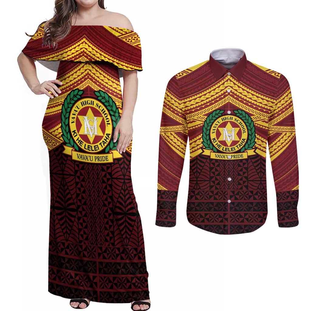 Personalised Tonga Vava'u High School Couples Matching Off Shoulder Maxi Dress and Long Sleeve Button Shirt Polynesian Ngatu Tribal