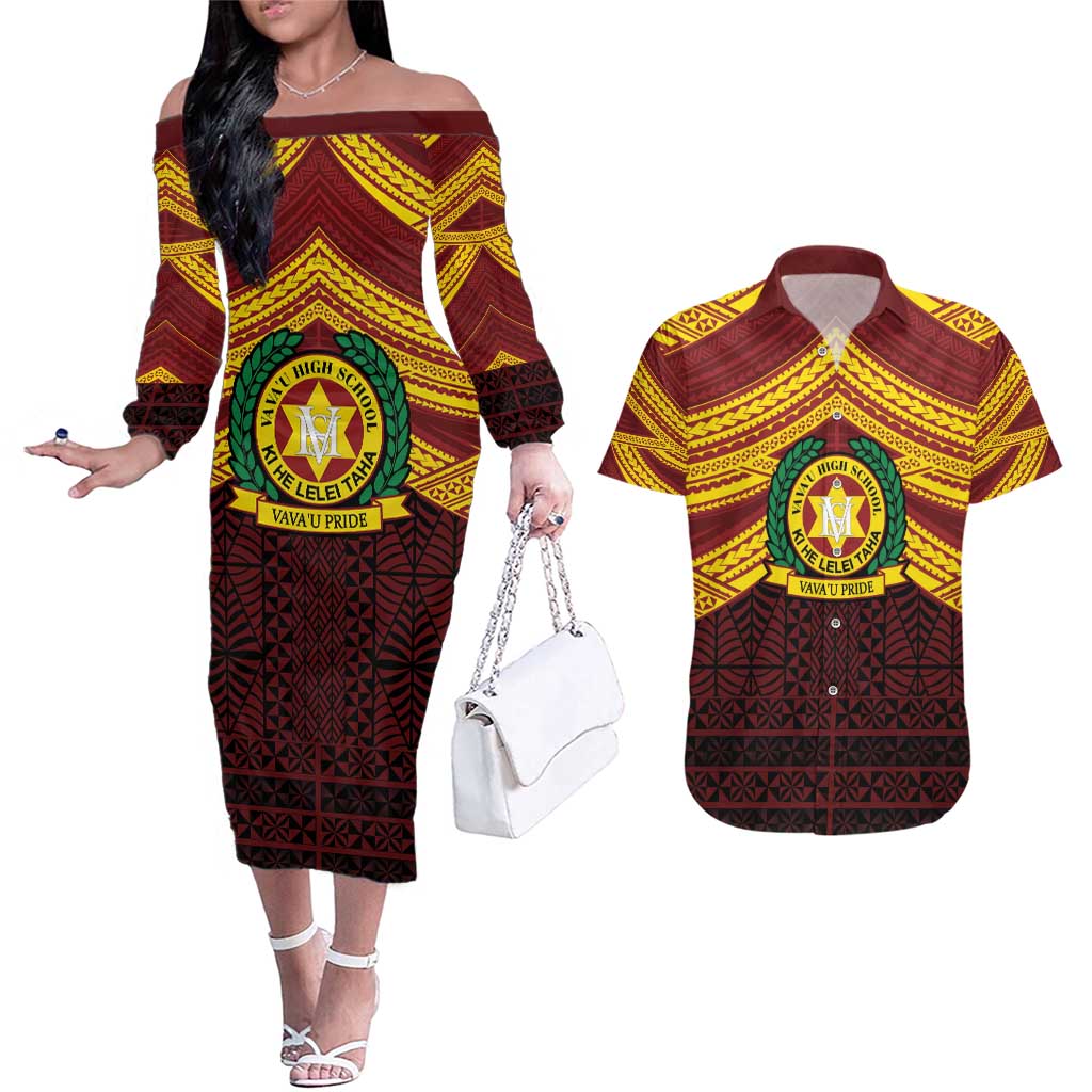 Personalised Tonga Vava'u High School Couples Matching Off The Shoulder Long Sleeve Dress and Hawaiian Shirt Polynesian Ngatu Tribal LT9 Red - Polynesian Pride