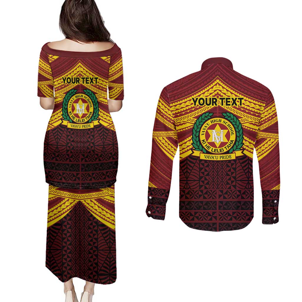 Personalised Tonga Vava'u High School Couples Matching Puletasi and Long Sleeve Button Shirt Polynesian Ngatu Tribal
