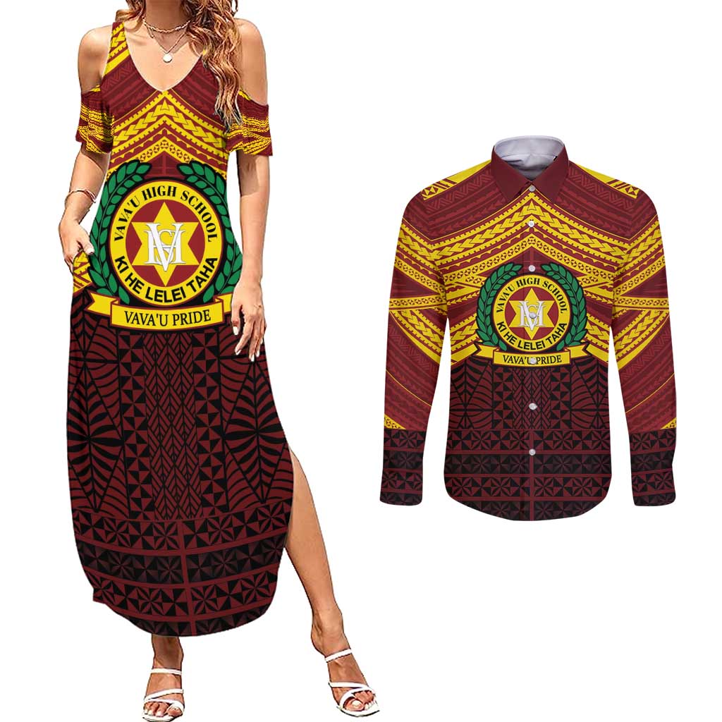 Personalised Tonga Vava'u High School Couples Matching Summer Maxi Dress and Long Sleeve Button Shirt Polynesian Ngatu Tribal