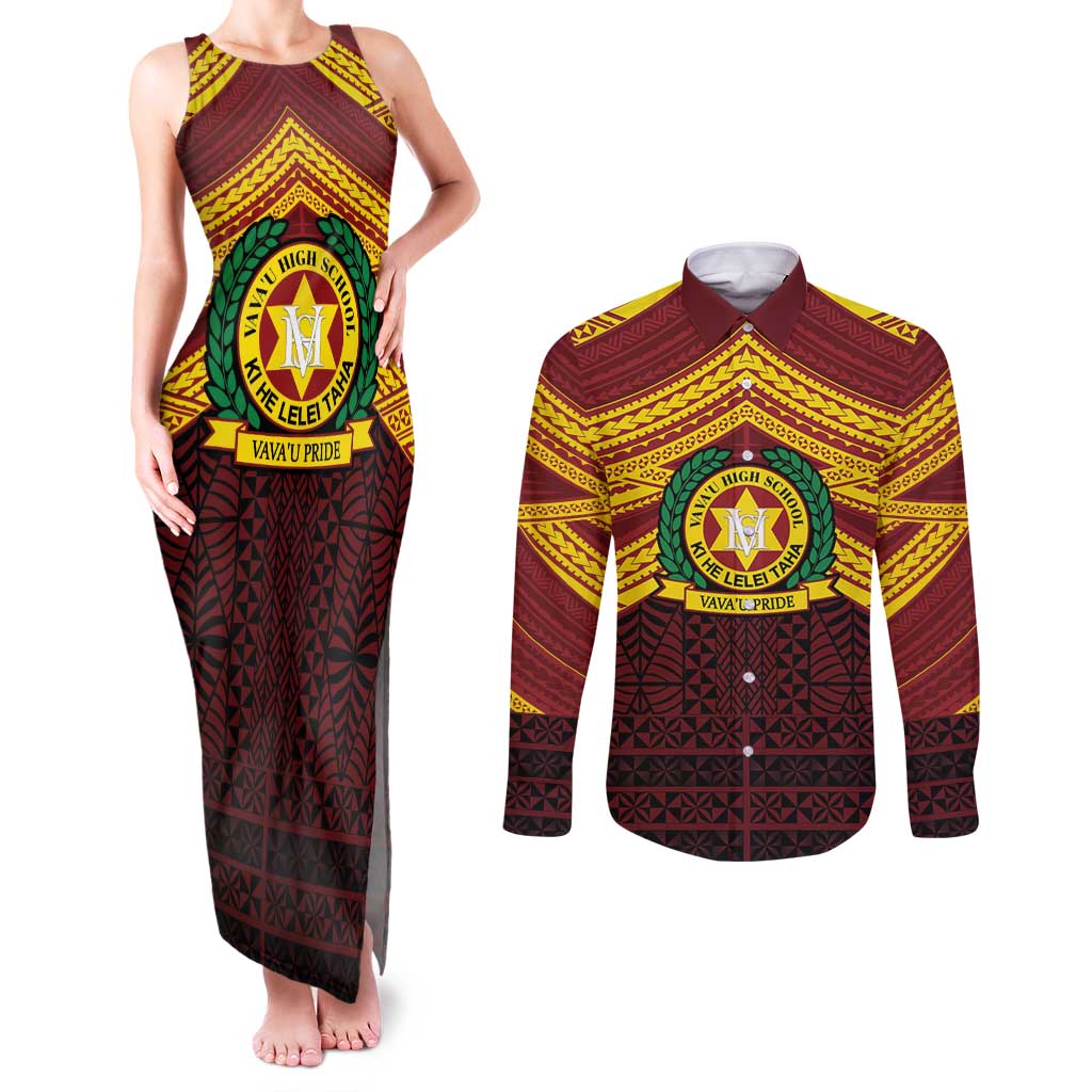 Personalised Tonga Vava'u High School Couples Matching Tank Maxi Dress and Long Sleeve Button Shirt Polynesian Ngatu Tribal